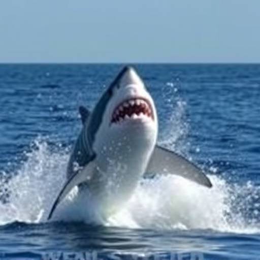 A close-up of a great white shark breaching the water during a shark cage diving experience off the coast of Gansbaai, South Africa.