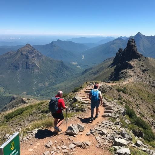 A group of hikers traversing a rugged mountain trail in the Drakensberg mountain range, South Africa.