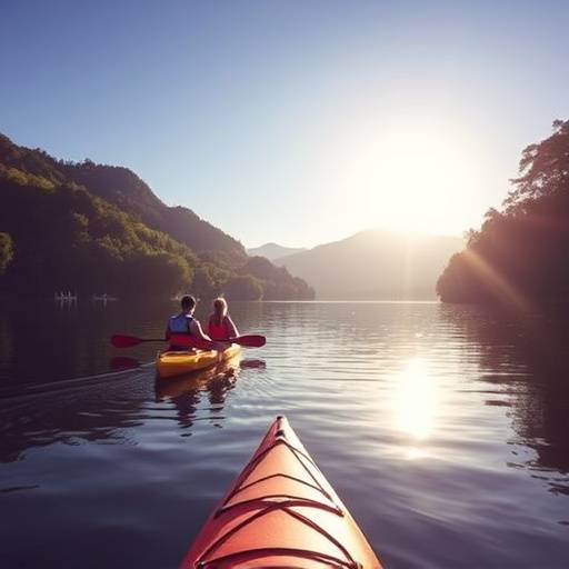 A group of kayakers paddling through the calm waters of the Knysna Lagoon, South Africa, surrounded by lush forests.