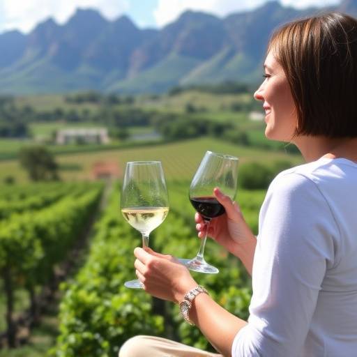 A group of people enjoying a wine tasting at a vineyard in Stellenbosch, South Africa, surrounded by lush vineyards.