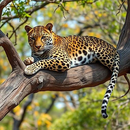 A leopard lounging on a tree branch in the Sabi Sands Game Reserve during a luxury safari.