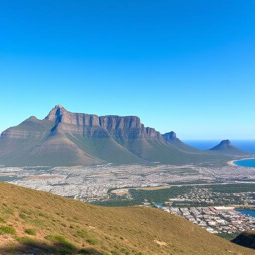 A panoramic view of Table Mountain rising above Cape Town, South Africa, under a clear blue sky.