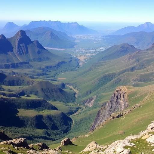 A panoramic view of the Drakensberg Mountain range with green valleys and dramatic peaks.