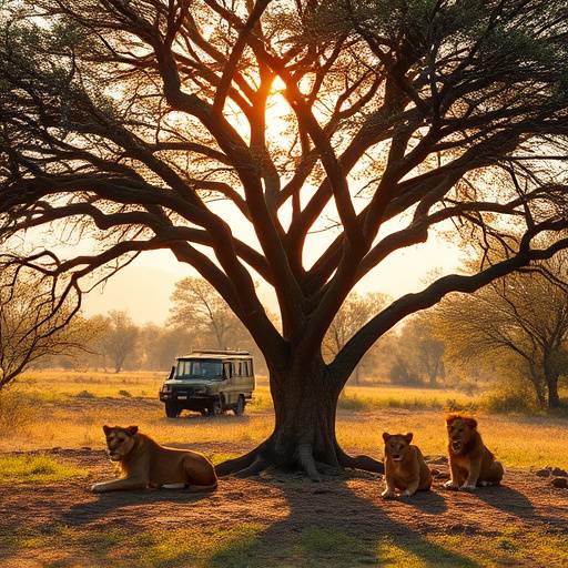 A pride of lions resting in the shade of acacia trees during a safari in Kruger National Park, South Africa.