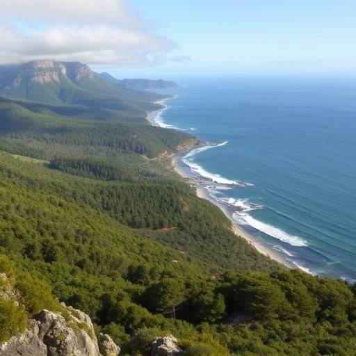 A scenic view of the Garden Route coastline with lush forests and ocean views.