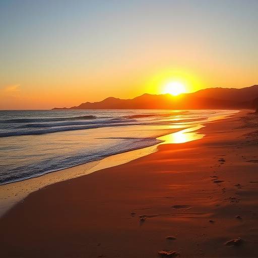 A serene beach scene at sunset along the Garden Route, South Africa, with gentle waves and golden sand.