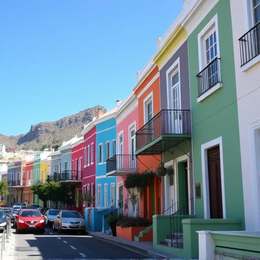 A vibrant street scene in Bo-Kaap, Cape Town, South Africa, with colorful houses and cobblestone streets.
