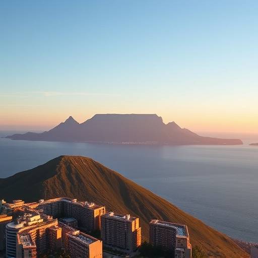 A view of Robben Island from the mainland with Table Mountain in the background.