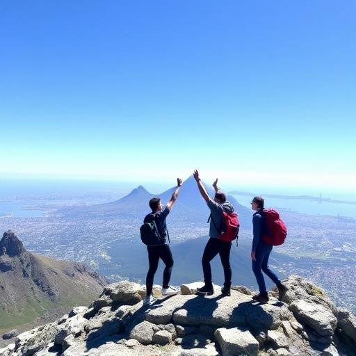 Hikers reaching the summit of Table Mountain with Cape Town in the background.