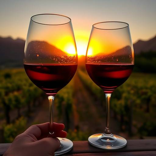 Wine glasses at sunset at a Stellenbosch vineyard