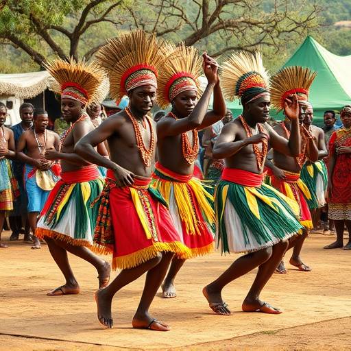 Zulu dancers performing a traditional dance in a Zulu village.
